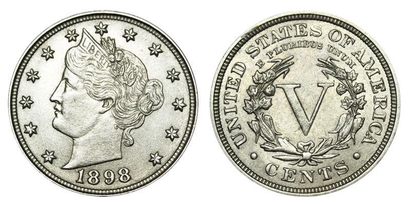 1898 Liberty Head V Nickel obverse and reverse showing Liberty portrait and Roman numeral V