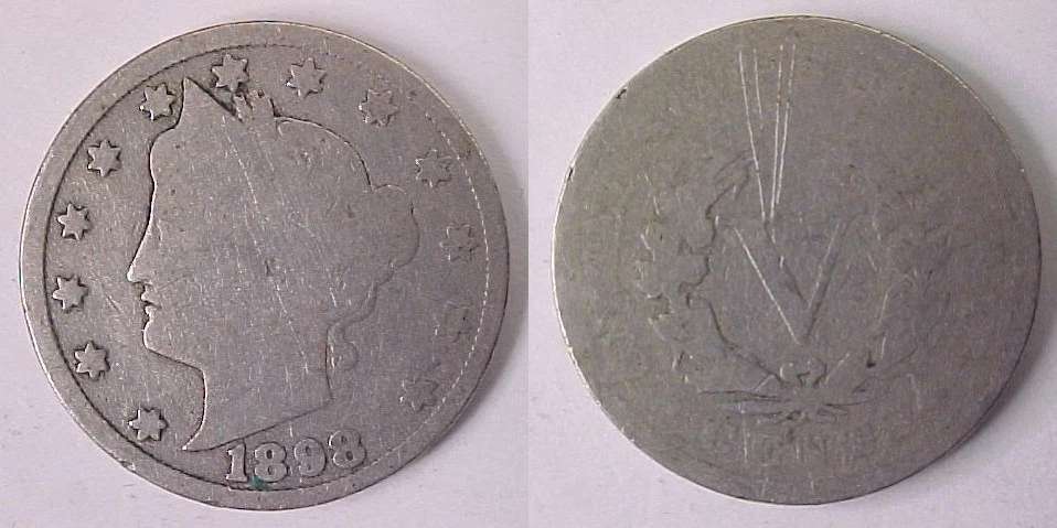 Comparison of regular 1898 nickel date (left) versus RPD FS-301 variety showing repunched ghost digits (right)