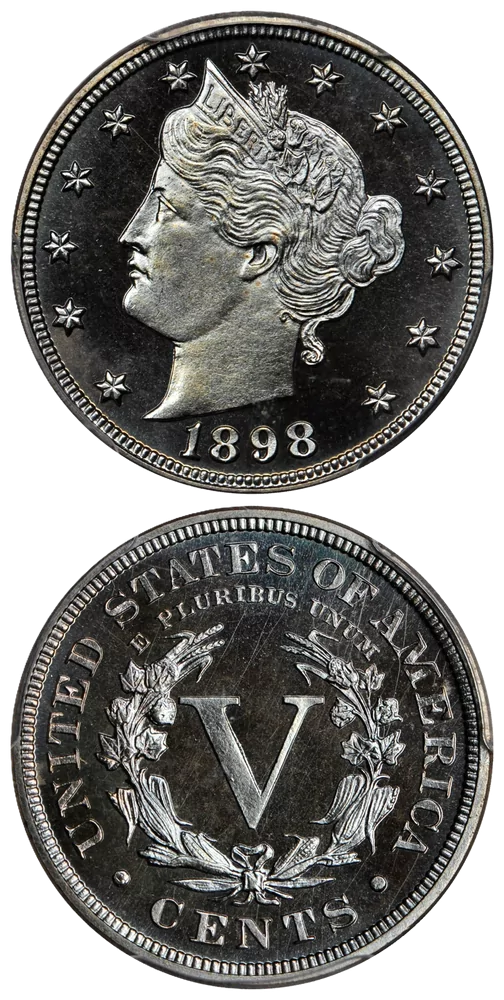 1898 Liberty nickel grading strip showing four condition tiers from Good (heavily worn) to Mint State (uncirculated with luster)